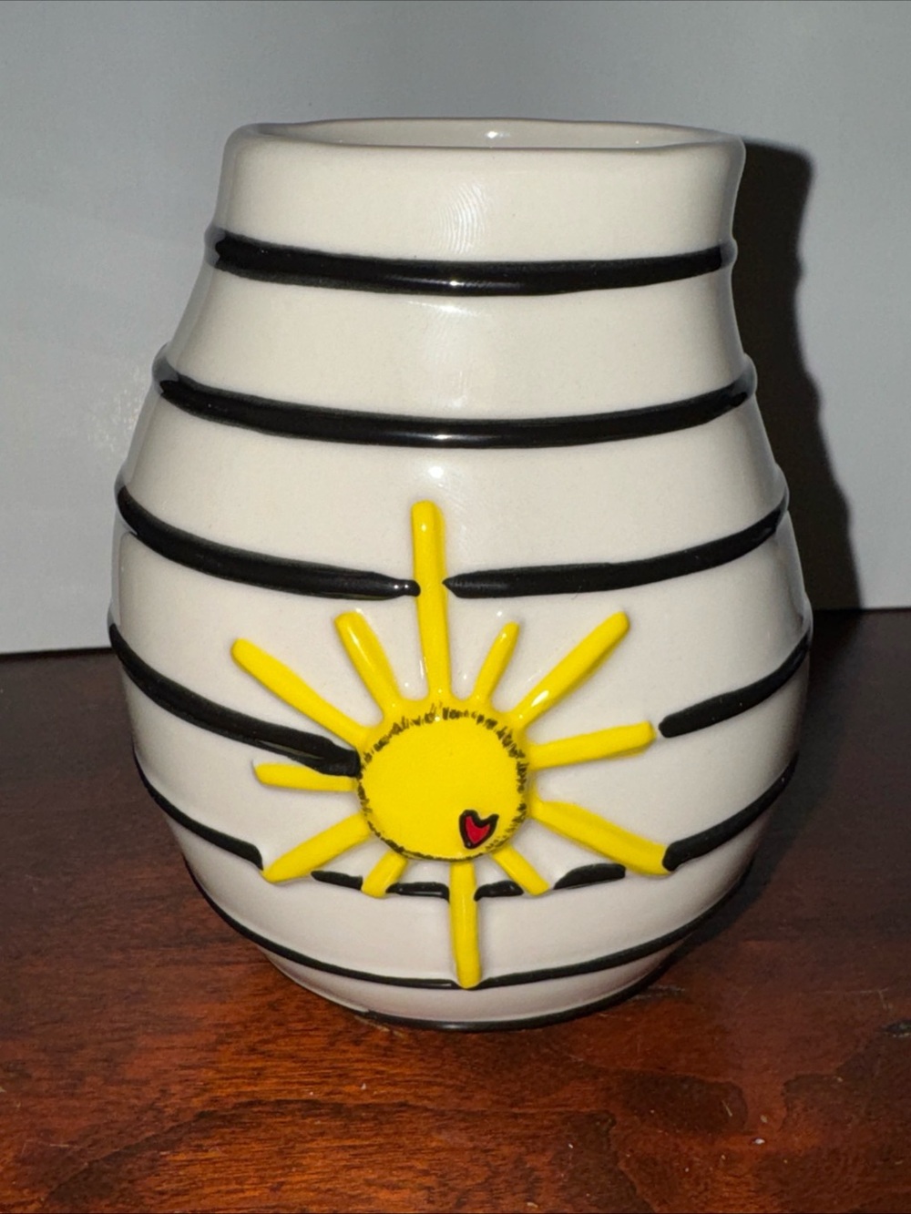 Demadco Abstract Cream Ceramic Vase with Yellow Sun Motif Heartful Home